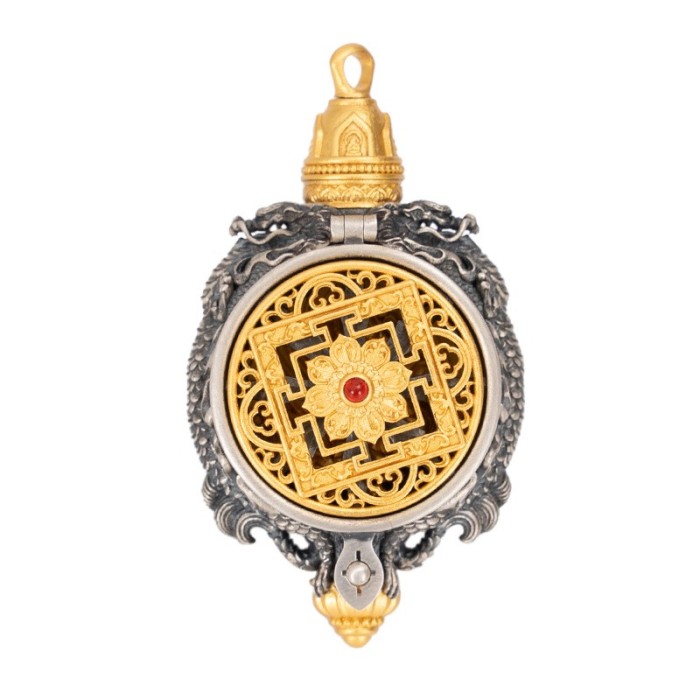 Boutique Handcrafted Sterling Silver Tibetan Buddhist Zakiram Pendant with Red Gemstone