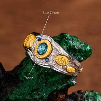 Boutique Green Gem-Embellished Sterling Silver Tibetan Buddhist Ring Zakiram