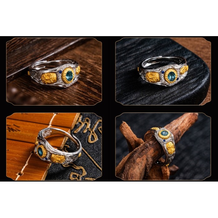 Boutique Green Gem-Embellished Sterling Silver Tibetan Buddhist Ring Zakiram