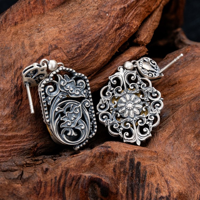 Boutique Tibetan Buddhist Dzi Bead with Pagoda Sterling Silver Earrings