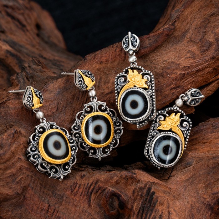 Boutique Tibetan Buddhist Dzi Bead with Pagoda Sterling Silver Earrings
