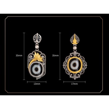 Boutique Tibetan Buddhist Dzi Bead with Pagoda Sterling Silver Earrings