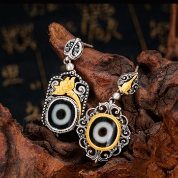 Boutique Tibetan Buddhist Dzi Bead with Lotus Sterling Silver Earrings