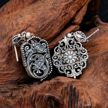 Boutique Tibetan Buddhist Dzi Bead with Lotus Sterling Silver Earrings