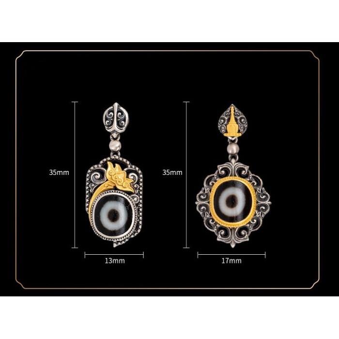 Boutique Tibetan Buddhist Dzi Bead with Lotus Sterling Silver Earrings
