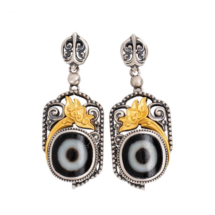 Boutique Tibetan Buddhist Dzi Bead with Lotus Sterling Silver Earrings