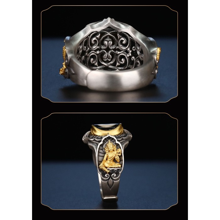 Hand-carved Tibetan Green Tara Sterling Silver Dzi Bead Ring