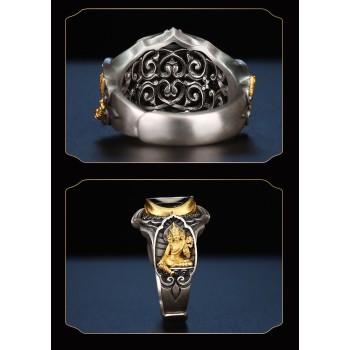 Hand-carved Tibetan Green Tara Sterling Silver Dzi Bead Ring