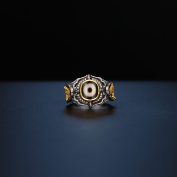 Hand-carved Tibetan Green Tara Sterling Silver Dzi Bead Ring