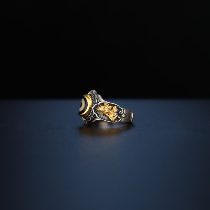 Hand-carved Tibetan Green Tara Sterling Silver Dzi Bead Ring