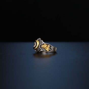 Hand-carved Tibetan Green Tara Sterling Silver Dzi Bead Ring