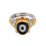 Hand-carved Indian Treasure Umbrella Sterling Silver Dzi Bead Ring with Gem