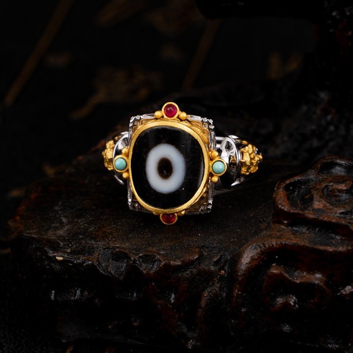 Hand-carved Indian Treasure Umbrella Sterling Silver Dzi Bead Ring with Gem