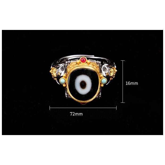 Hand-carved Indian Treasure Umbrella Sterling Silver Dzi Bead Ring with Gem