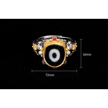 Hand-carved Indian Treasure Umbrella Sterling Silver Dzi Bead Ring with Gem