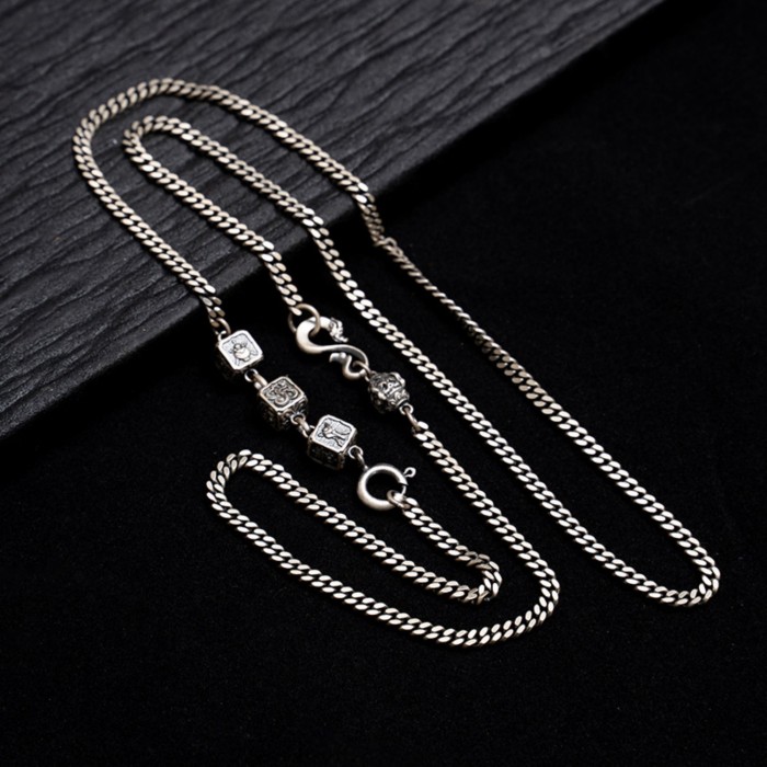 Hand-carved Eight Auspicious Symbols Chain Sterling Silver Tibetan Buddhist Necklace