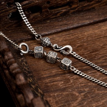 Hand-carved Eight Auspicious Symbols Chain Sterling Silver Tibetan Buddhist Necklace