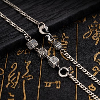 Hand-carved Eight Auspicious Symbols Chain Sterling Silver Tibetan Buddhist Necklace