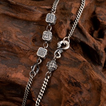Hand-carved Eight Auspicious Symbols Chain Sterling Silver Tibetan Buddhist Necklace