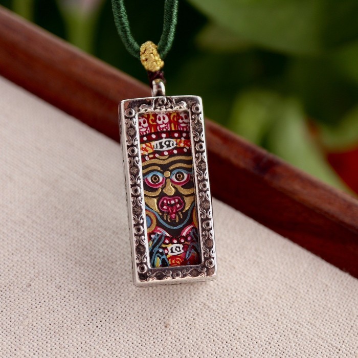 Hand-Painted Zakiram Thangka Pendant Necklace | Tibetan Buddhist Amulet