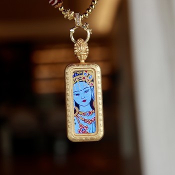 Hand-painted Green Tara Thangka Pendant Necklace | Tibetan Buddhist Amulet