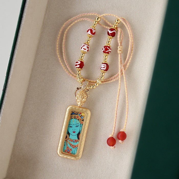 Hand-painted Green Tara Thangka Pendant Necklace | Tibetan Buddhist Amulet