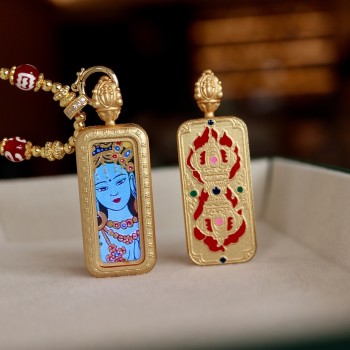 Hand-painted Green Tara Thangka Pendant Necklace | Tibetan Buddhist Amulet