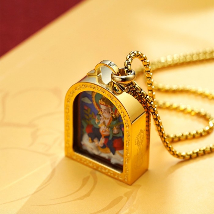 Hand-Painted 3D Samantabhadra Thangka Pendant Necklace Gold | Tibetan Buddhist Amulet