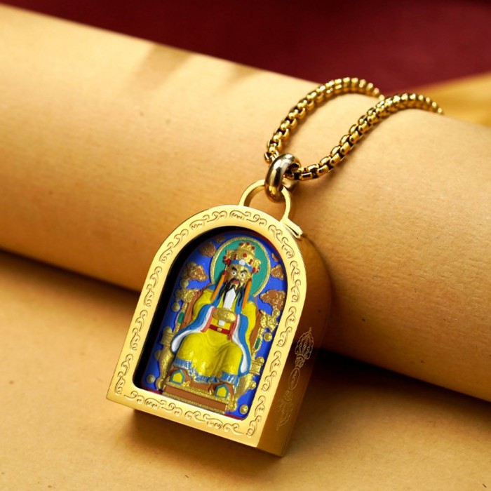 Hand-Painted 3D  Five Lords Thangka Pendant Necklace Gold | Tibetan Buddhist Amulet