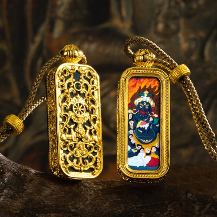 Hand-Painted 3D Mahakala skeleton Thangka Pendant Necklace Amulet