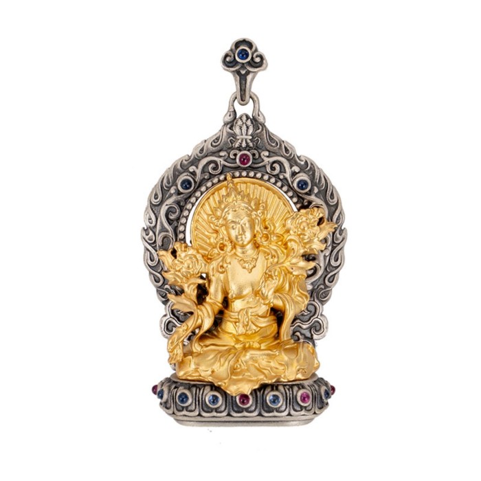 Boutique Tibetan Buddhist Green Tara Sterling Silver Pendant with Gemstone Amulet