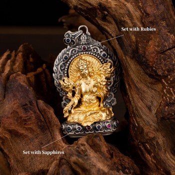 Boutique Tibetan Buddhist Green Tara Sterling Silver Pendant with Gemstone Amulet