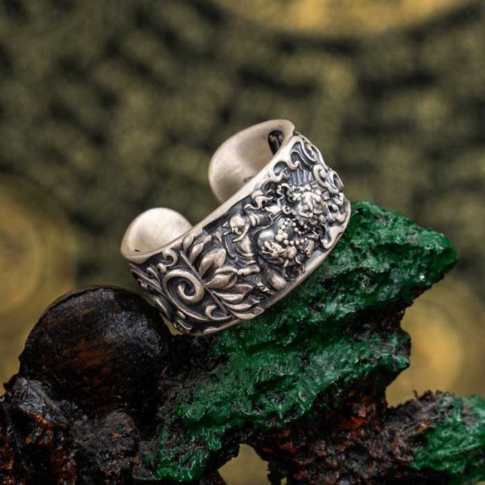 Boutique Hand-carved Yellow Jambhala Tibetan Silver Ring