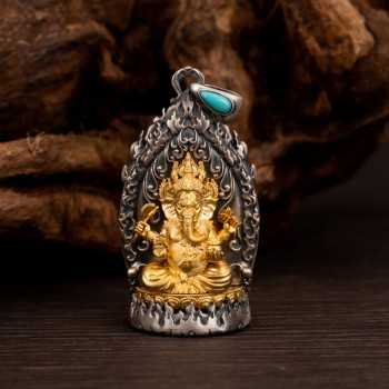 Boutique Tibetan Buddhist Sterling Silver Pendant with Ganesha Turquoise