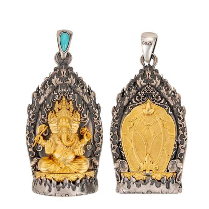 Boutique Tibetan Buddhist Sterling Silver Pendant with Ganesha Turquoise