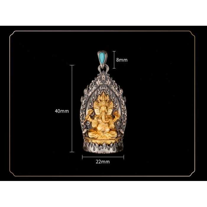 Boutique Tibetan Buddhist Sterling Silver Pendant with Ganesha Turquoise