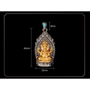 Boutique Tibetan Buddhist Sterling Silver Pendant with Ganesha Turquoise