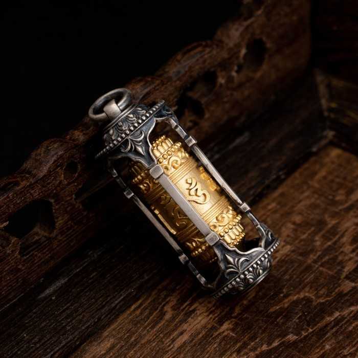 Boutique Tibetan Buddhist Six-Syllable Mantra Prayer Wheel Sterling Silver Pendant