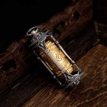 Boutique Tibetan Buddhist Six-Syllable Mantra Prayer Wheel Sterling Silver Pendant