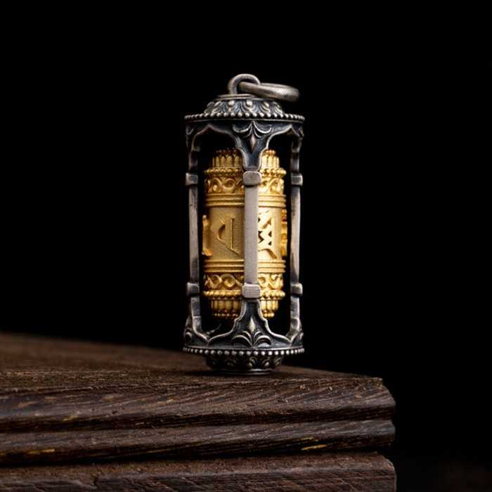 Boutique Tibetan Buddhist Six-Syllable Mantra Prayer Wheel Sterling Silver Pendant