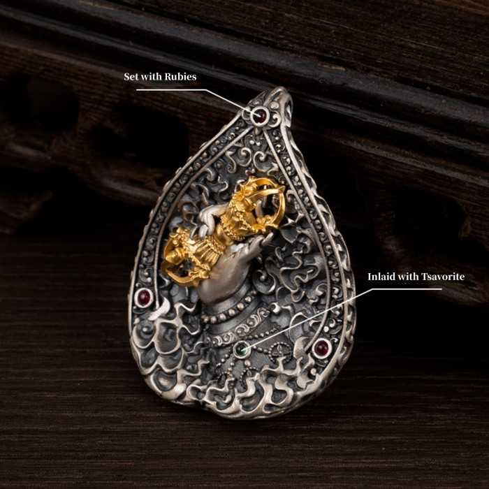 Boutique Vintage Tibetan Buddhist Vajra Hand Sterling Silver Pendant With Gemstone