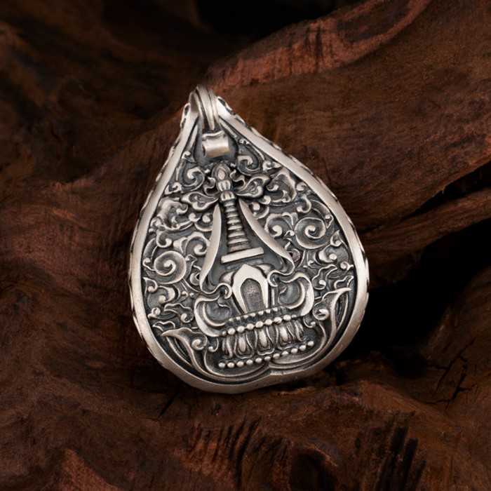 Boutique Vintage Tibetan Buddhist Vajra Hand Sterling Silver Pendant With Gemstone