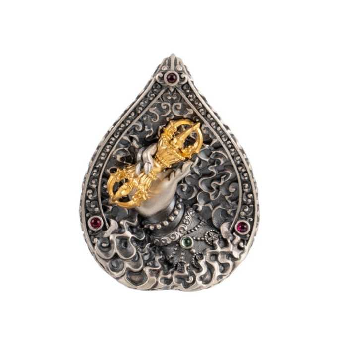 Boutique Vintage Tibetan Buddhist Vajra Hand Sterling Silver Pendant With Gemstone