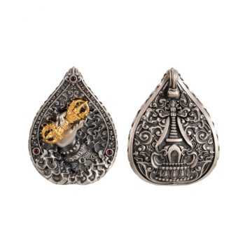 Boutique Vintage Tibetan Buddhist Vajra Hand Sterling Silver Pendant With Gemstone