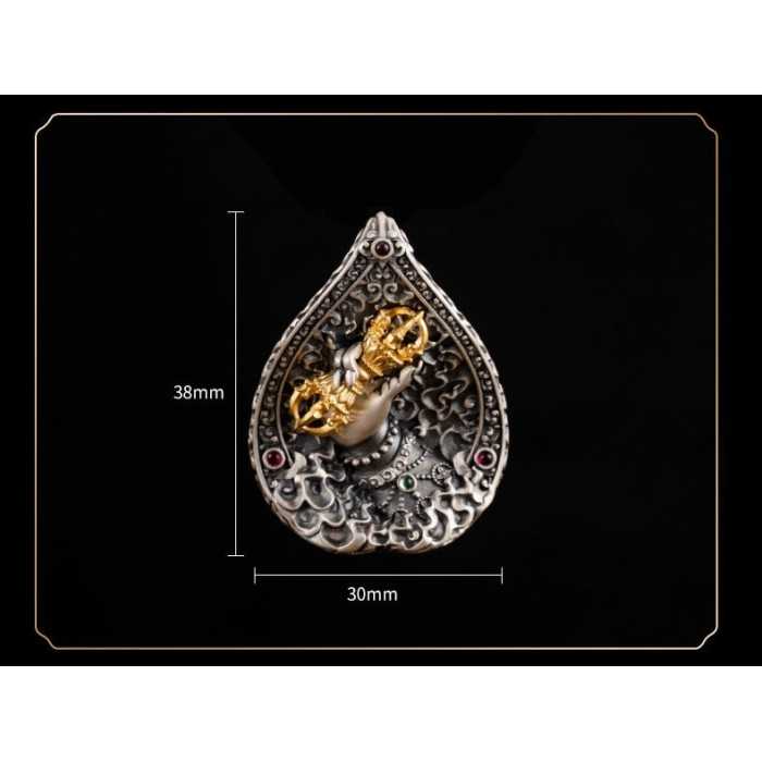Boutique Vintage Tibetan Buddhist Vajra Hand Sterling Silver Pendant With Gemstone