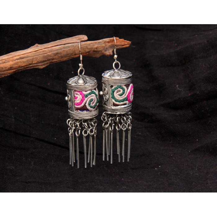 Handcrafted Vintage Handmade Miao Embroidery Cylindrical Earrings