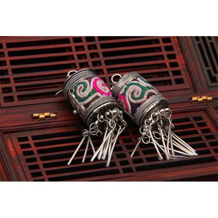 Handcrafted Vintage Handmade Miao Embroidery Cylindrical Earrings
