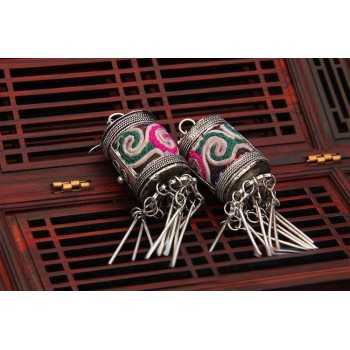 Handcrafted Vintage Handmade Miao Embroidery Cylindrical Earrings