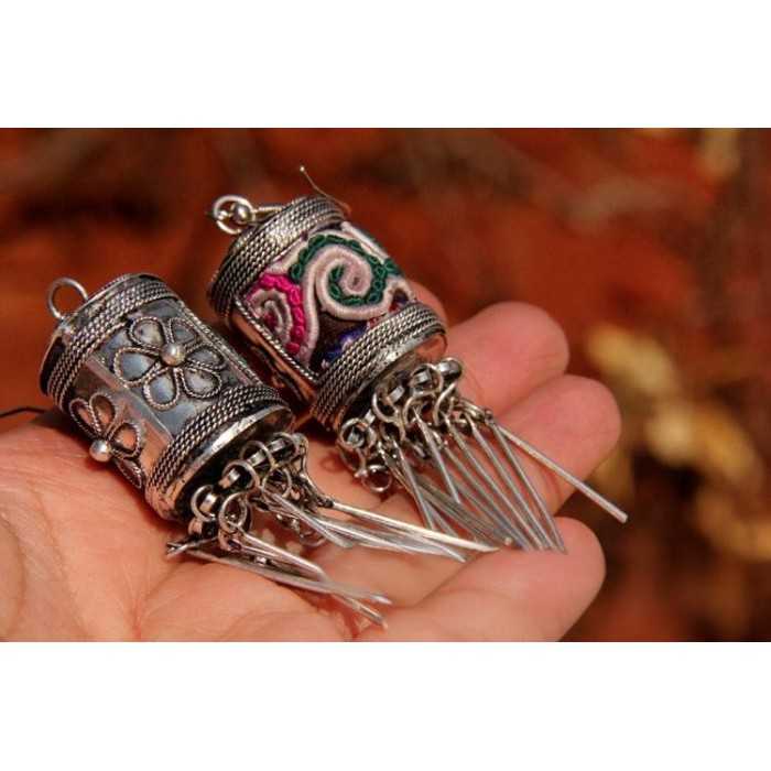 Handcrafted Vintage Handmade Miao Embroidery Cylindrical Earrings