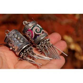 Handcrafted Vintage Handmade Miao Embroidery Cylindrical Earrings